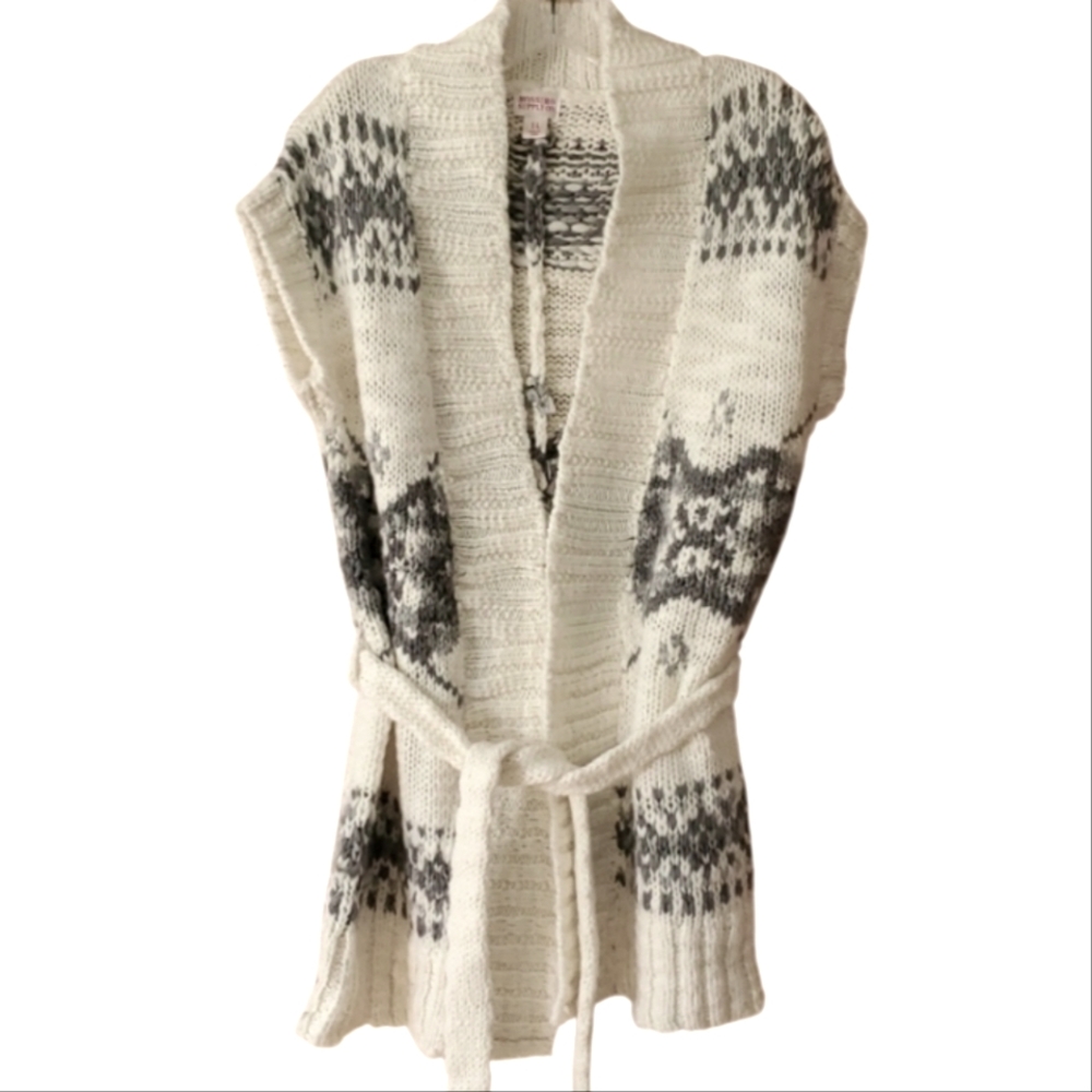 Mossimo Womans Wool Blend Large Short Sleeve Tie Cardigan in Cream & Grey Knit